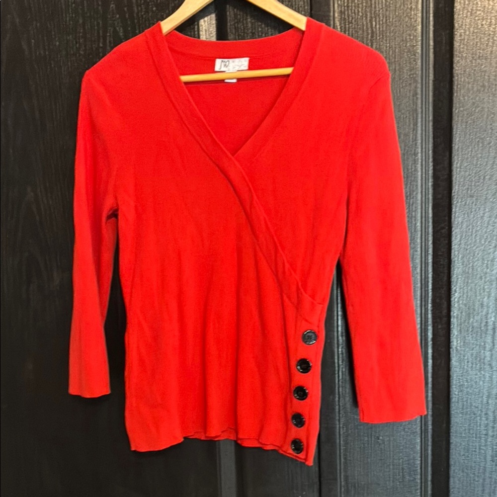 Red V-Neck Sweater with Button Detail